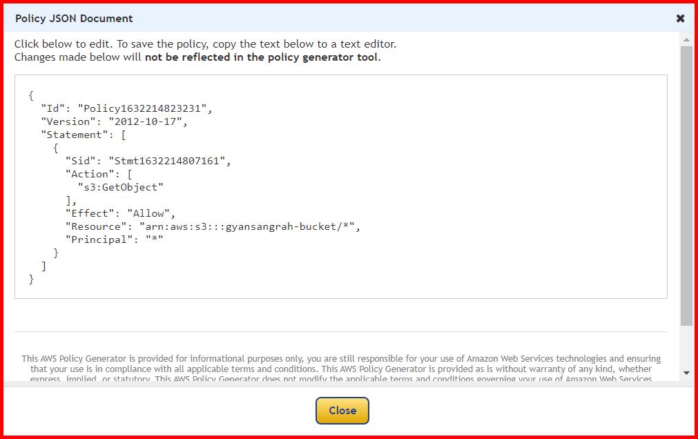 Picture showing the policy json created on click of the Generate Policy button